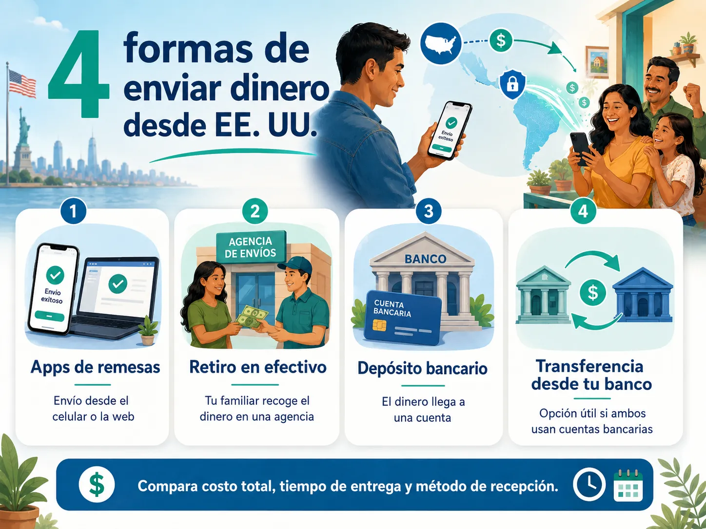 Cuatro formas de enviar dinero desde Estados Unidos: aplicaciones de remesas, retiro en efectivo, depósito bancario y transferencia bancaria.