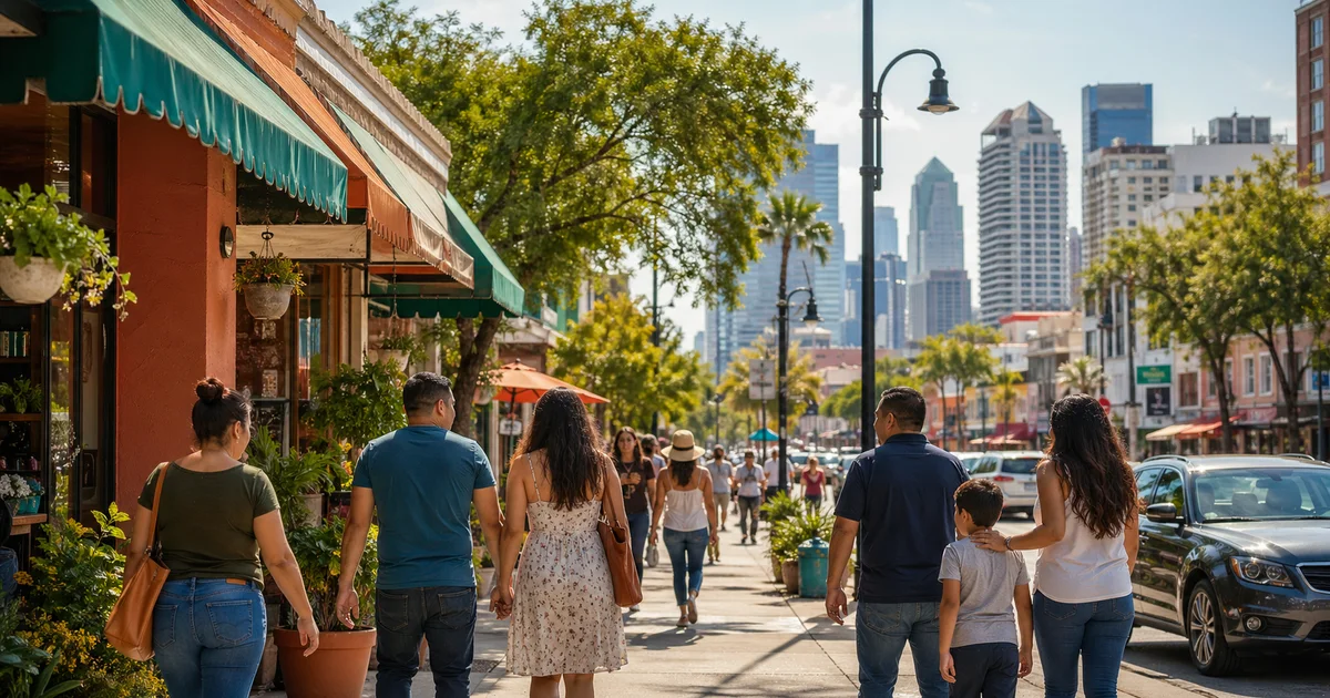 Familias hispanas caminando por una calle comercial urbana en Estados Unidos