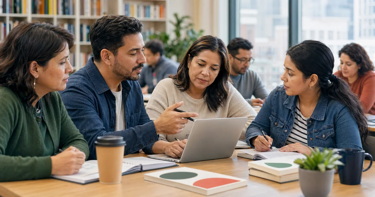 Adultos hispanos estudiando inglés en una biblioteca comunitaria