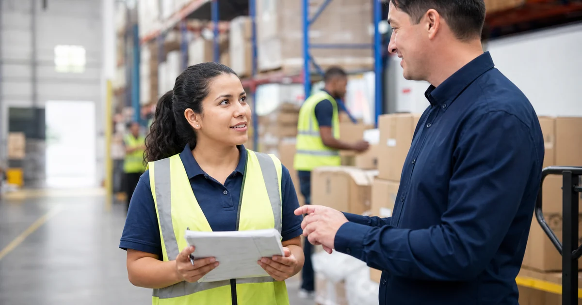 Trabajadora hispana conversando con un supervisor durante una jornada laboral