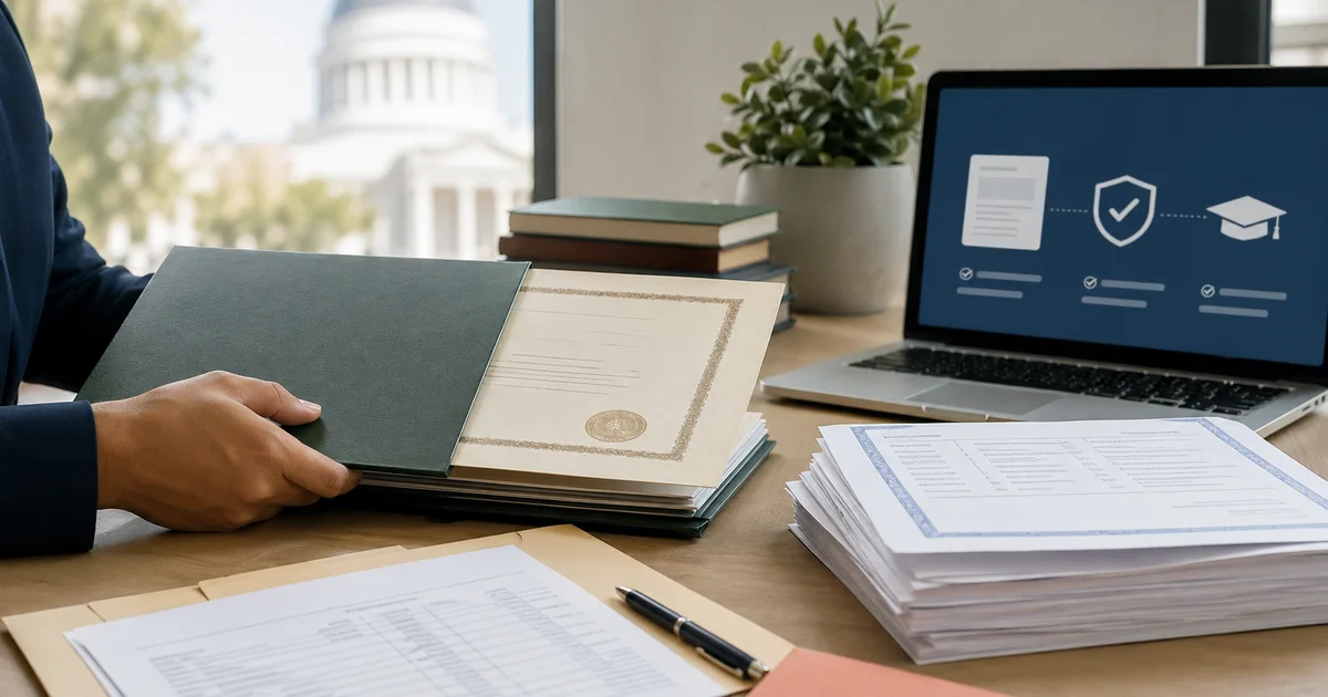 Documentos académicos y diploma organizados para evaluar credenciales extranjeras